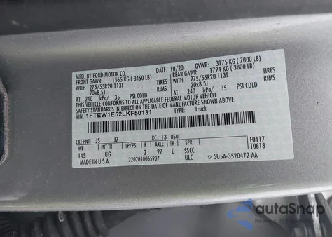 2020 Ford F-150 Xlt z USA, uszkodzony, nr VIN 1FTEW1E52LKF50131